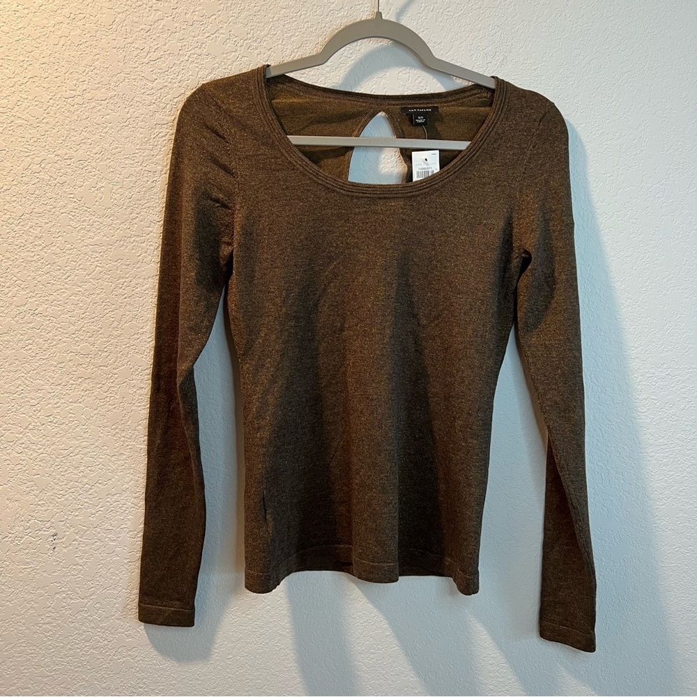Women’s new Ann Taylor brown gold shimmer long sleeve keyhole back blouse XS